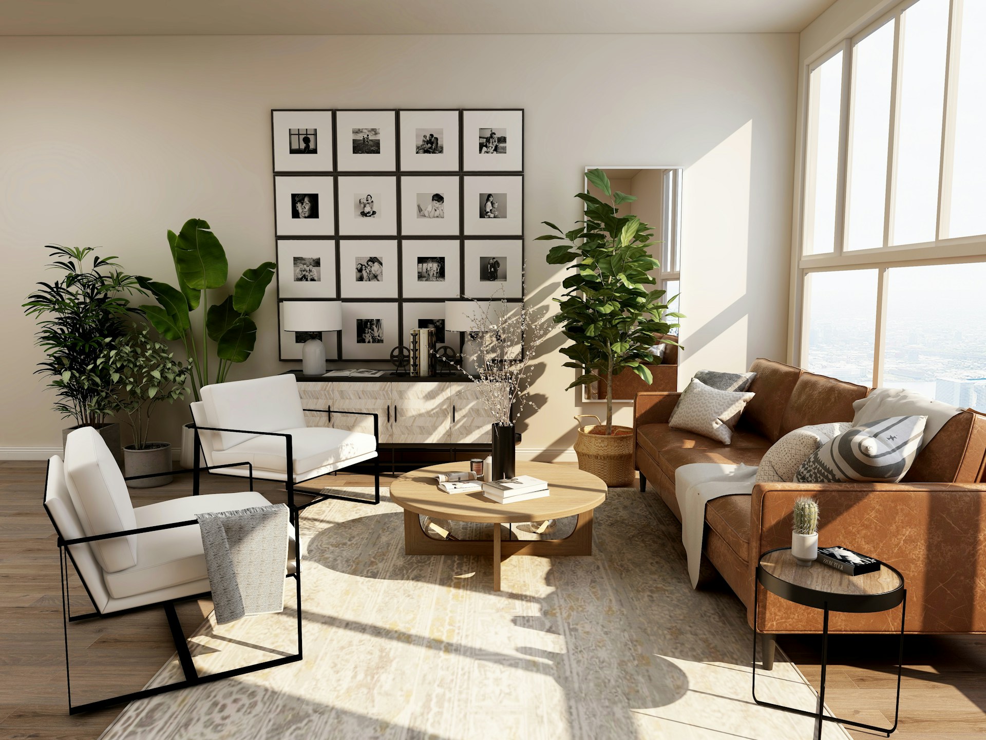 Sunlit lounge with natural materials, greenery, and contemporary furnishings